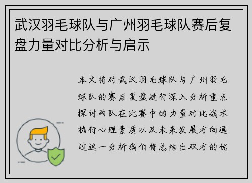 武汉羽毛球队与广州羽毛球队赛后复盘力量对比分析与启示